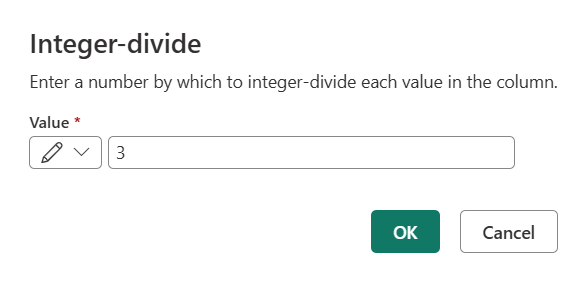 Screenshot della finestra di dialogo Divide (intero) con il valore 3 aggiunto.