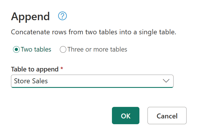 Screenshot della finestra di dialogo Aggiungi con Store Sales impostato come tabella da aggiungere.