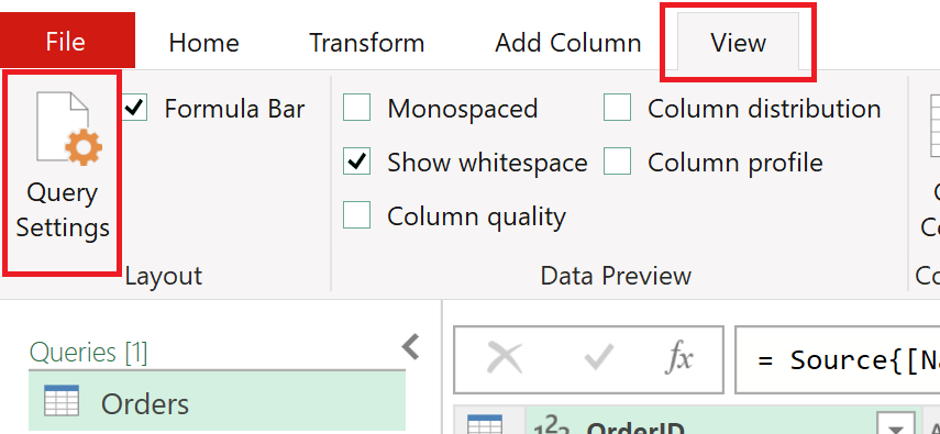 Screenshot della sezione superiore sinistra dell'editor di Power Query con la scheda Visualizza e l'opzione Impostazioni query evidenziata.