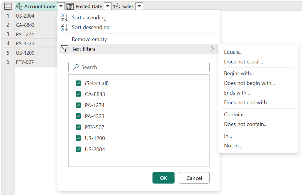 Screenshot delle voci di menu contenenti comandi e filtri specifici delle colonne che contengono il tipo di dati Text.