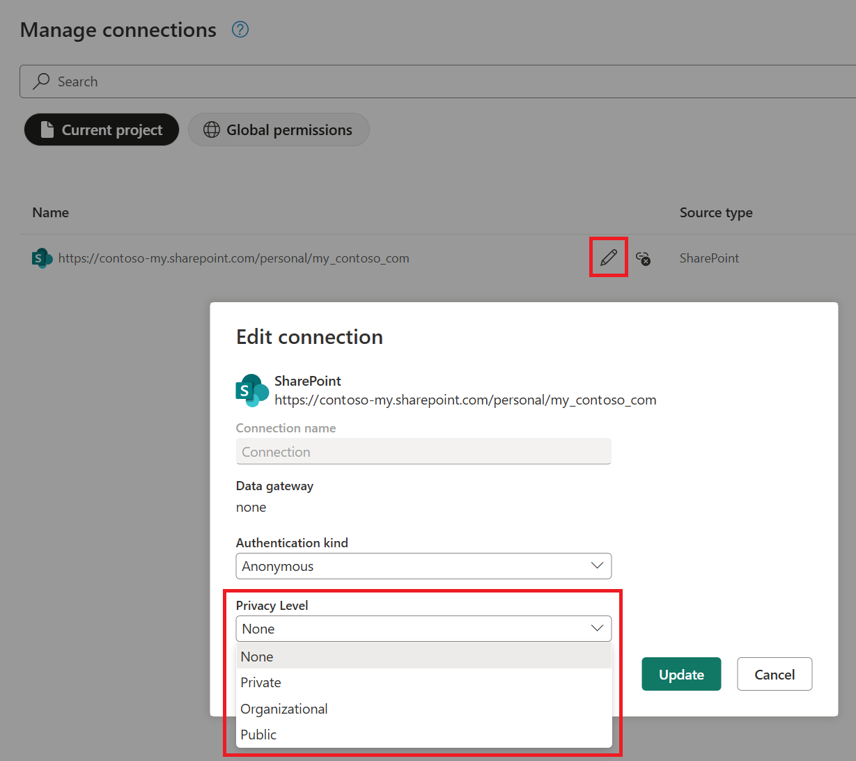Screenshot dell'icona di modifica e della selezione del livello di privacy evidenziata.