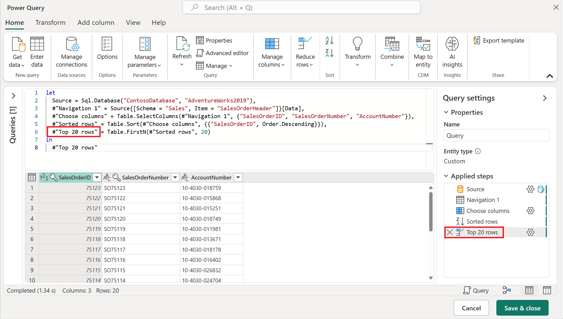 Immagine con il nome del passaggio applicato modificato in Prime 20 righe, che aggiorna anche lo script M.