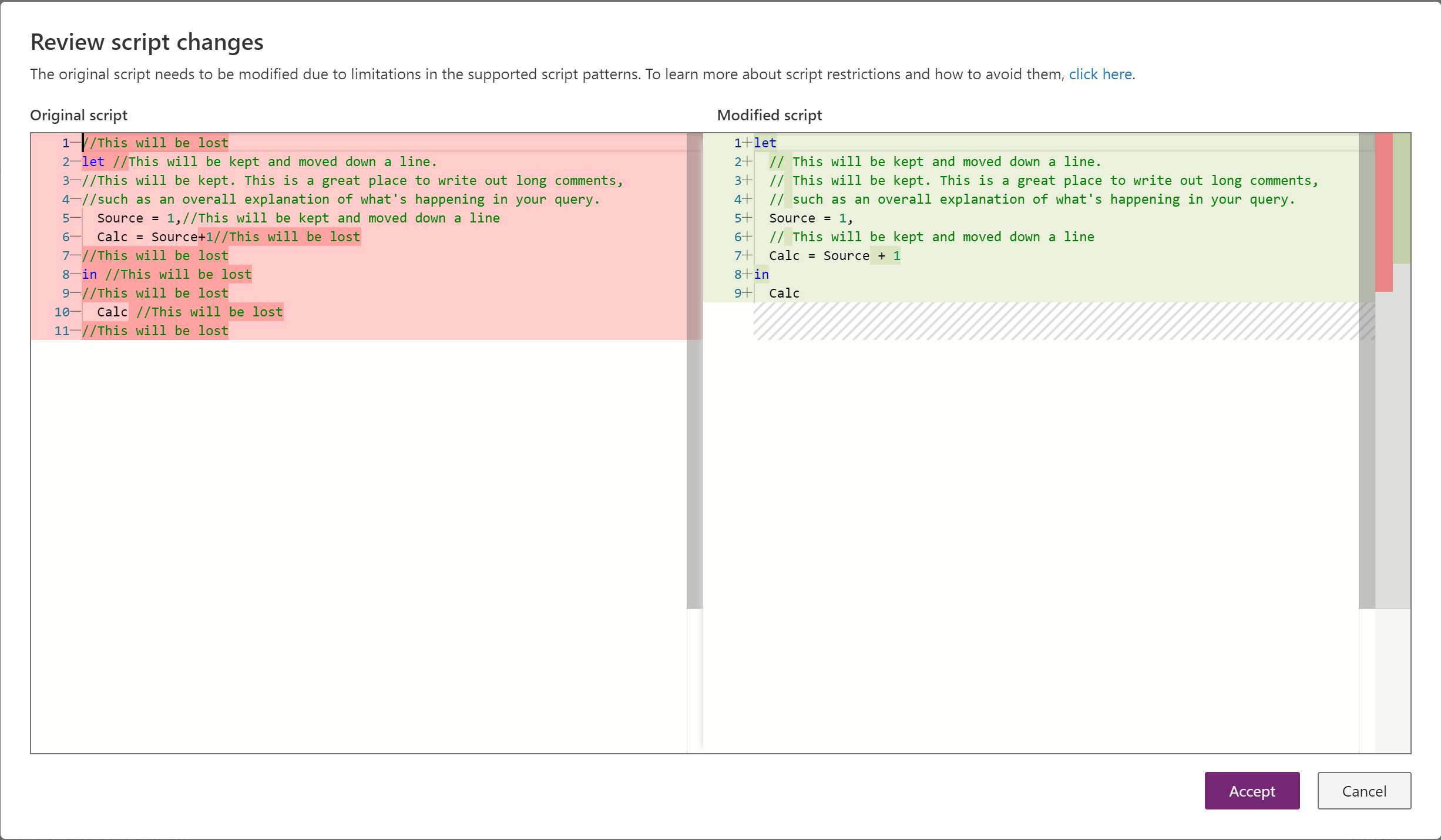 Esaminare il riquadro Modifiche script che illustra una differenza tra il commit e il salvataggio.