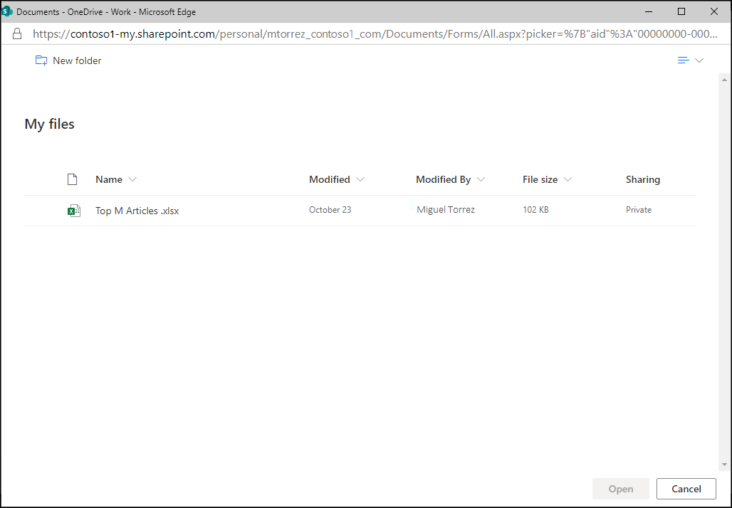 Nuova finestra per esplorare i file da OneDrive for Business dell'utente autenticato.