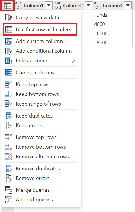 Screenshot del menu icona tabella usato per alzare di livello la prima riga alle intestazioni di tabella.