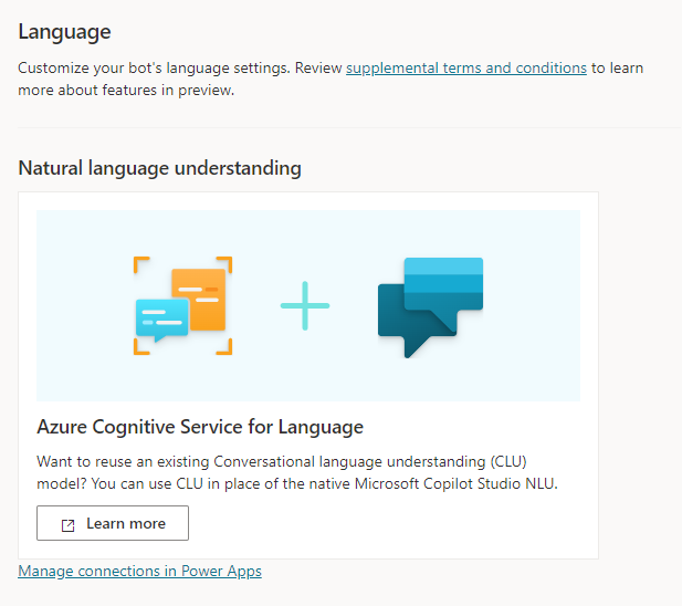 Menu delle opzioni di comprensione del linguaggio quando non sei connesso a Servizio cognitivo di Azure per la lingua.