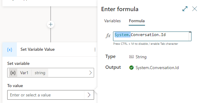 Screenshot del riquadro Immetti formula con un'espressione contenente una variabile di sistema.