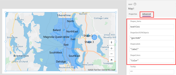 Screenshot delle proprietà avanzate di un controllo Mappa, con i campi dell'origine dati specificati e le forme risultanti visualizzate sulla mappa.