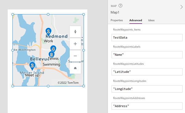 Screenshot di una mappa con punti di tragitto aggiunti ed etichettati mostrati accanto alle proprietà della mappa.