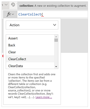 Funzione ClearCollect() selezionata Funzione ClearCollect() selezionata.