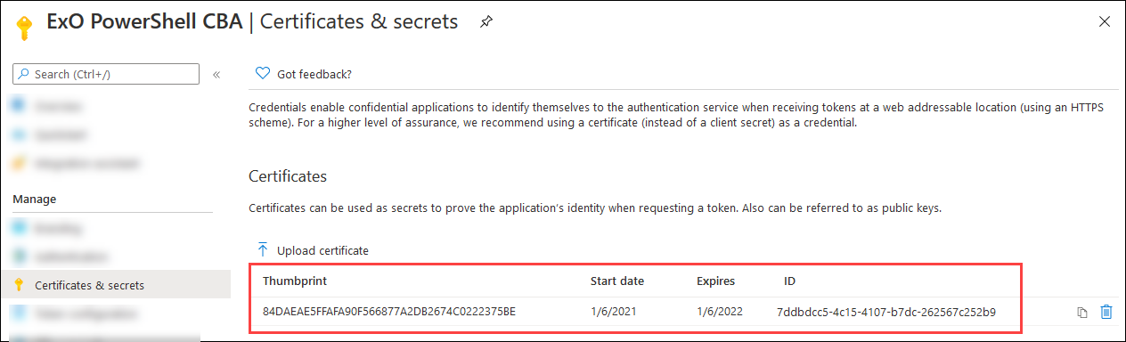 Pagina dell'applicazione che mostra che il certificato è stato aggiunto.