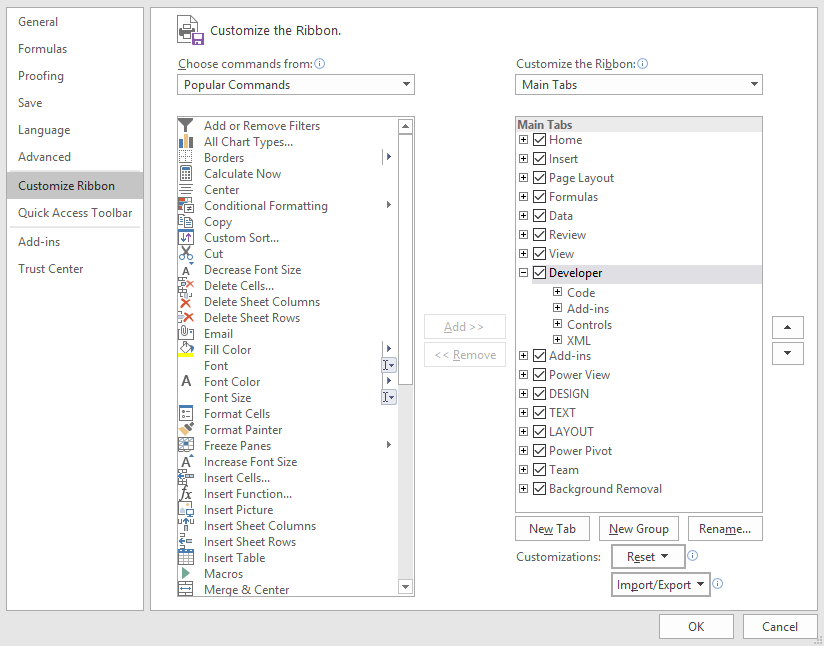 Abilitare la barra multifunzione Developer