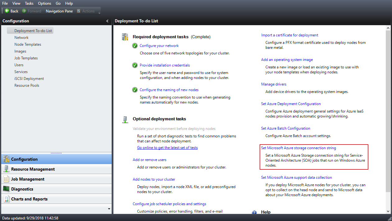 Screenshot che mostra l'elenco Configuration Deployment To do (Distribuzione configurazione da eseguire) con l'opzione Set Microsoft Azure storage connection string (Imposta stringa di connessione di archiviazione di Microsoft Azure) evidenziata.