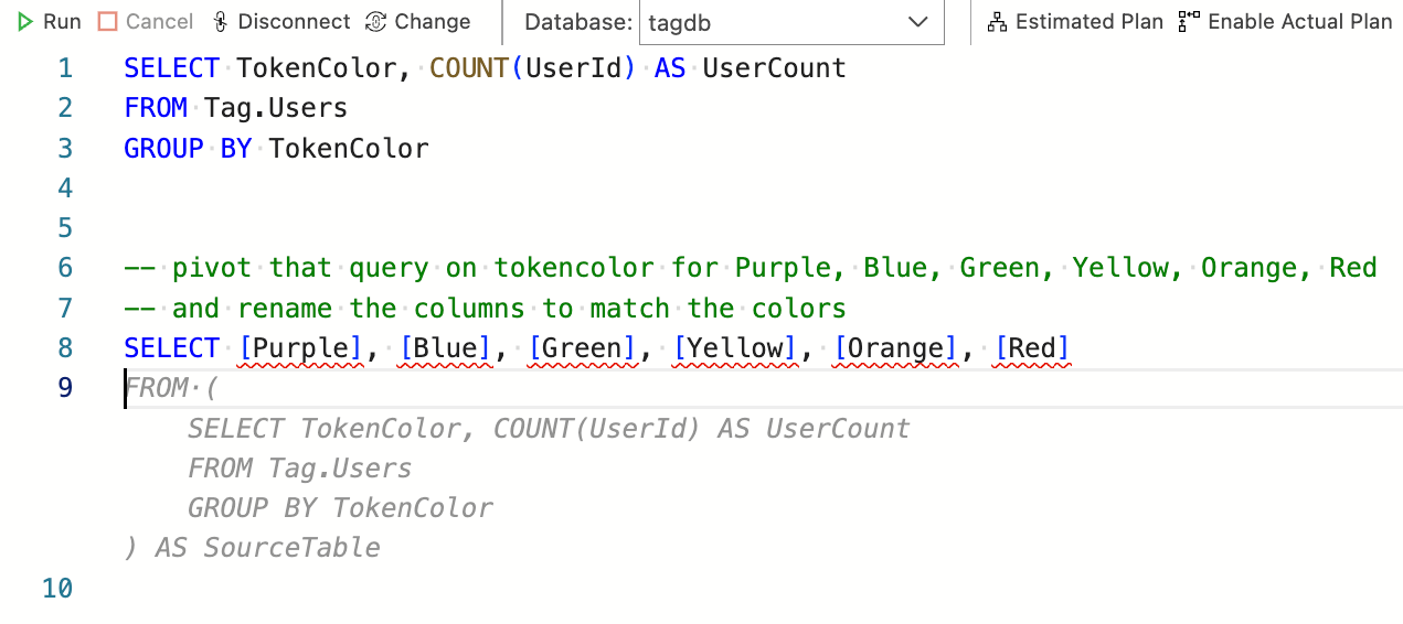 Screenshot che avvia l'inizio di una query PIVOT da parte di Copilot.