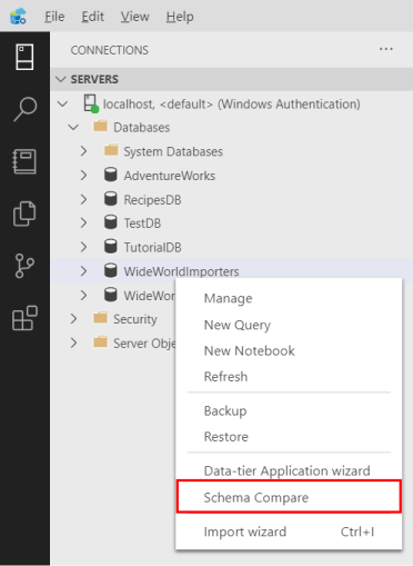 Screenshot dell'interfaccia utente grafica di Azure Data Studio, avvio del confronto degli schemi.