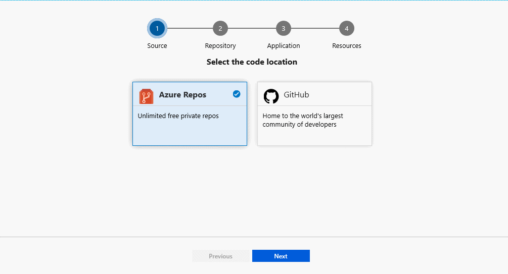 Animazione mostra un processo in GitHub per selezionare GitHub come origine e quindi selezionare il repository.