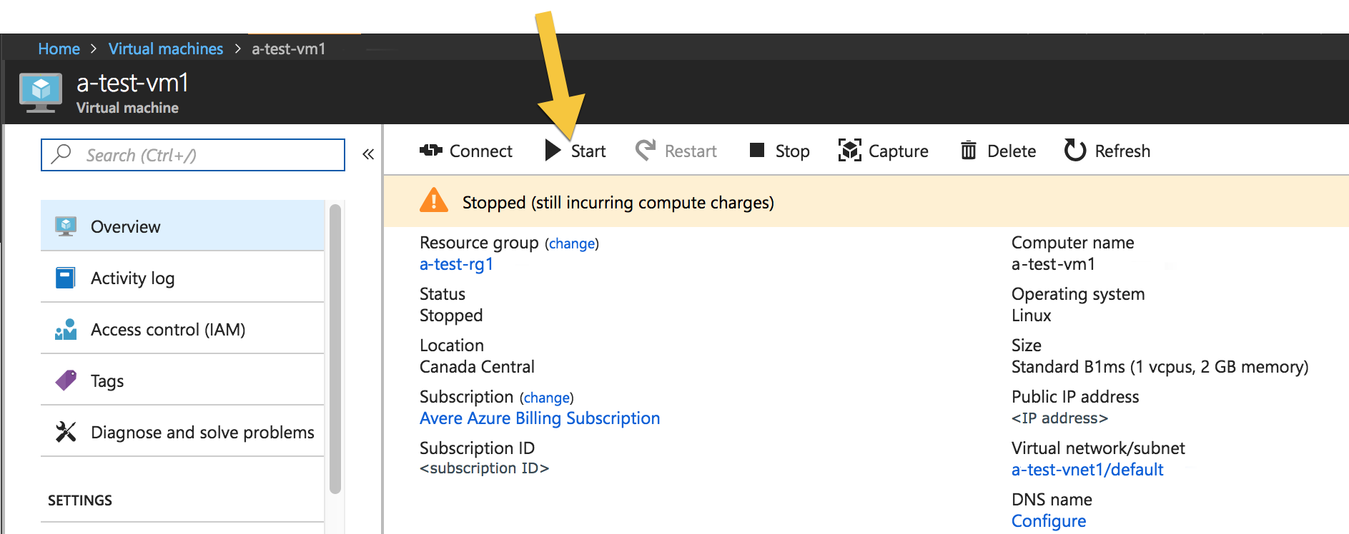Schermata del portale di Azure che mostra l'opzione per avviare una VM arrestata