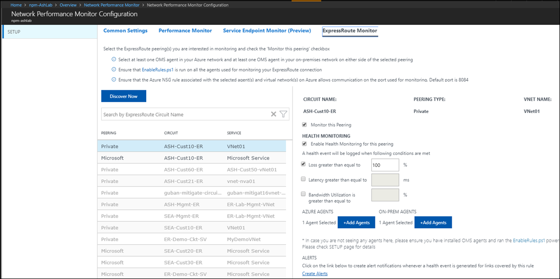 Pagina di configurazione di Monitoraggio prestazioni rete