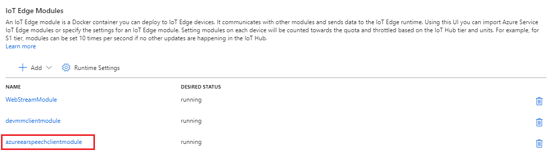 Screenshot che mostra l'elenco di tutti i moduli IoT Edge nel dispositivo.