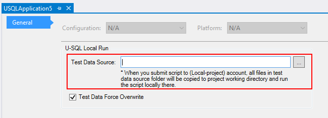 Strumenti Data Lake per Visual Studio -- configura l'origine dei dati di test del progetto