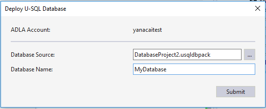 Strumenti Azure Data Lake per Visual Studio--Distribuzione guidata pacchetto di database U-SQL