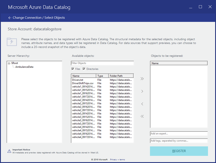 Screenshot della finestra di dialogo Account di Archiviazione di Microsoft Azure Data Catalog.