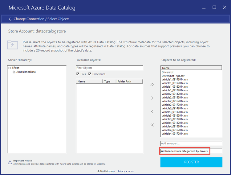 Screenshot della finestra di dialogo Data Catalog di Microsoft Azure - Account store con il tag aggiunto ai dati chiamati.