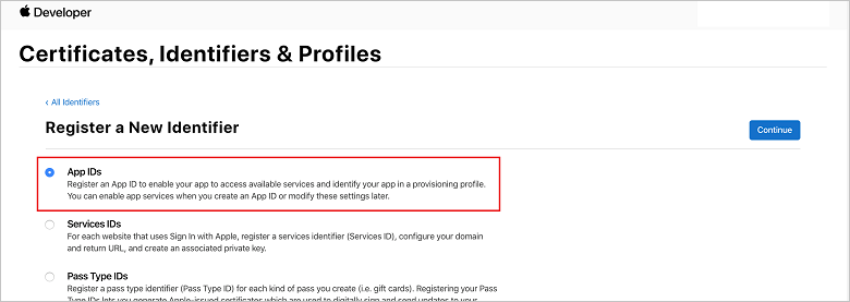 Pagina Del portale di provisioning iOS per registrare un nuovo ID