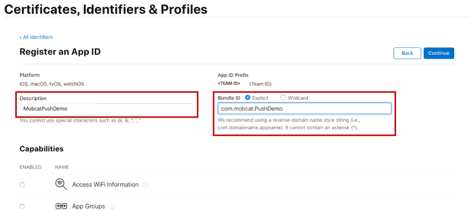 Pagina dell'ID app di registrazione del portale di provisioning iOS