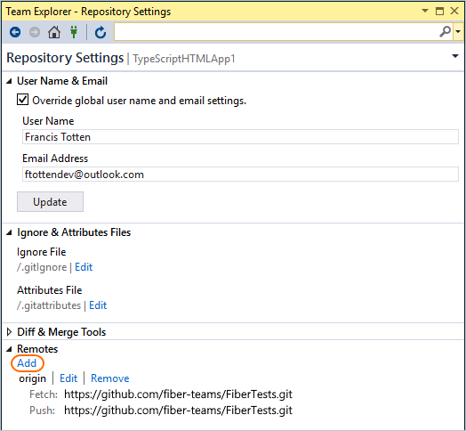 Add a remote for a repo in Visual Studio 2017 Team Explorer