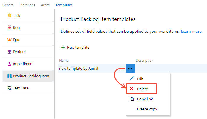 Screenshot of Delete a template menu option.