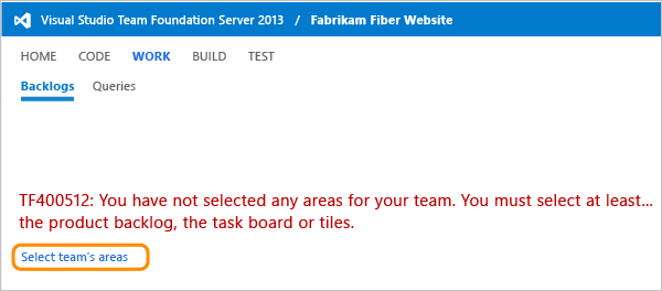 Select team's areas link on Backlogs page in the web portal