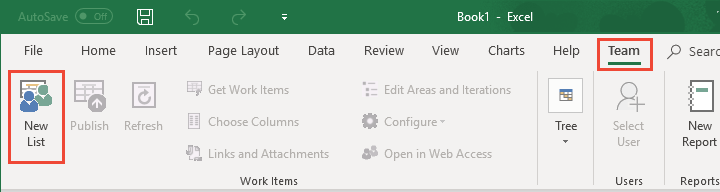 Screenshot of Excel New List option on Team ribbon.