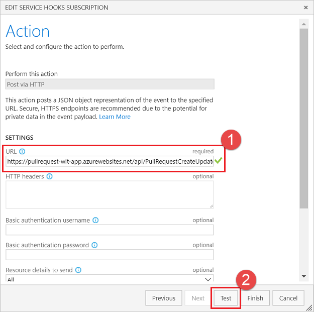 Enter the URL and select Test to test the service hook