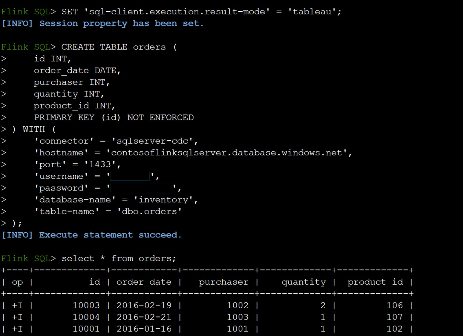 Screenshot che mostra la creazione della tabella CDC Flink.