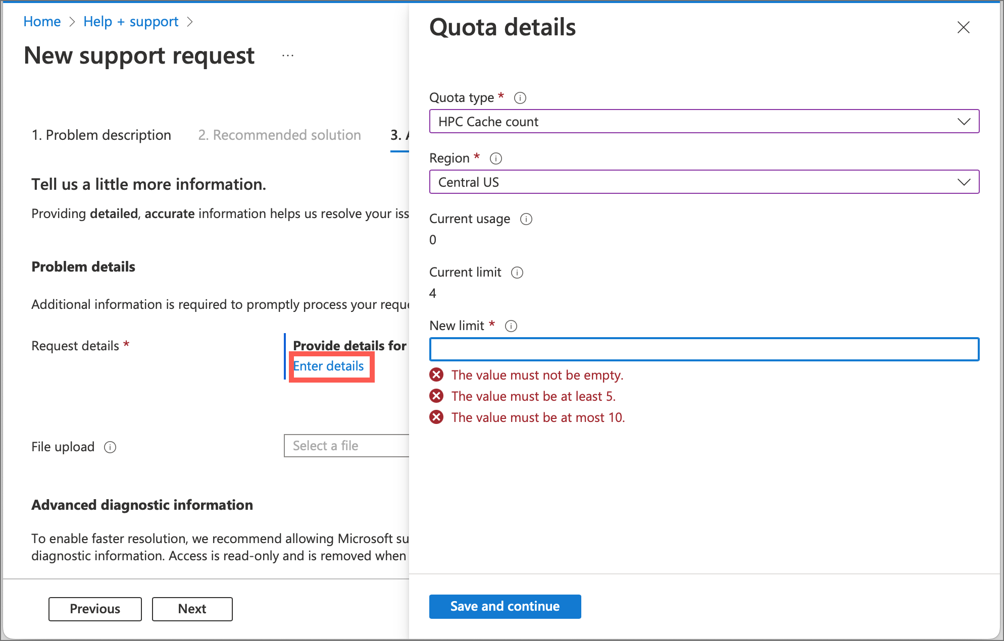 Screenshot del modulo dei dettagli del portale di Azure per Cache HPC, con opzioni per selezionare l'area e il nuovo limite.