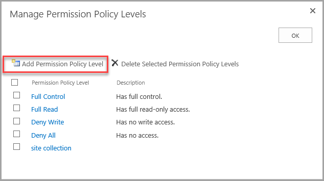 Create new permissions policy level for a specific user