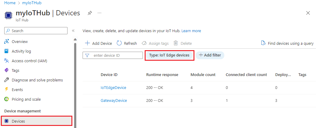 Screenshot di come visualizzare tutti i dispositivi IoT Edge nell'hub IoT.