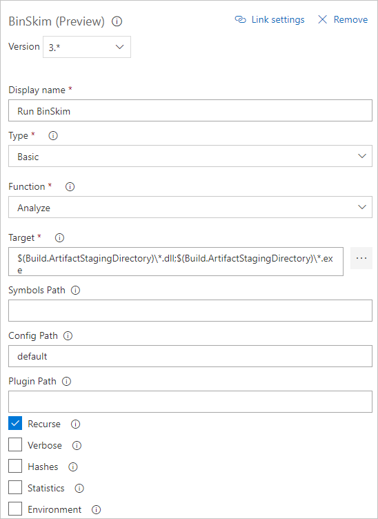 Configurazione dell'attività di compilazione BinSkim