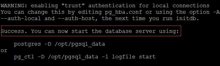 Screenshot che mostra l'output dopo l'inizializzazione del database.