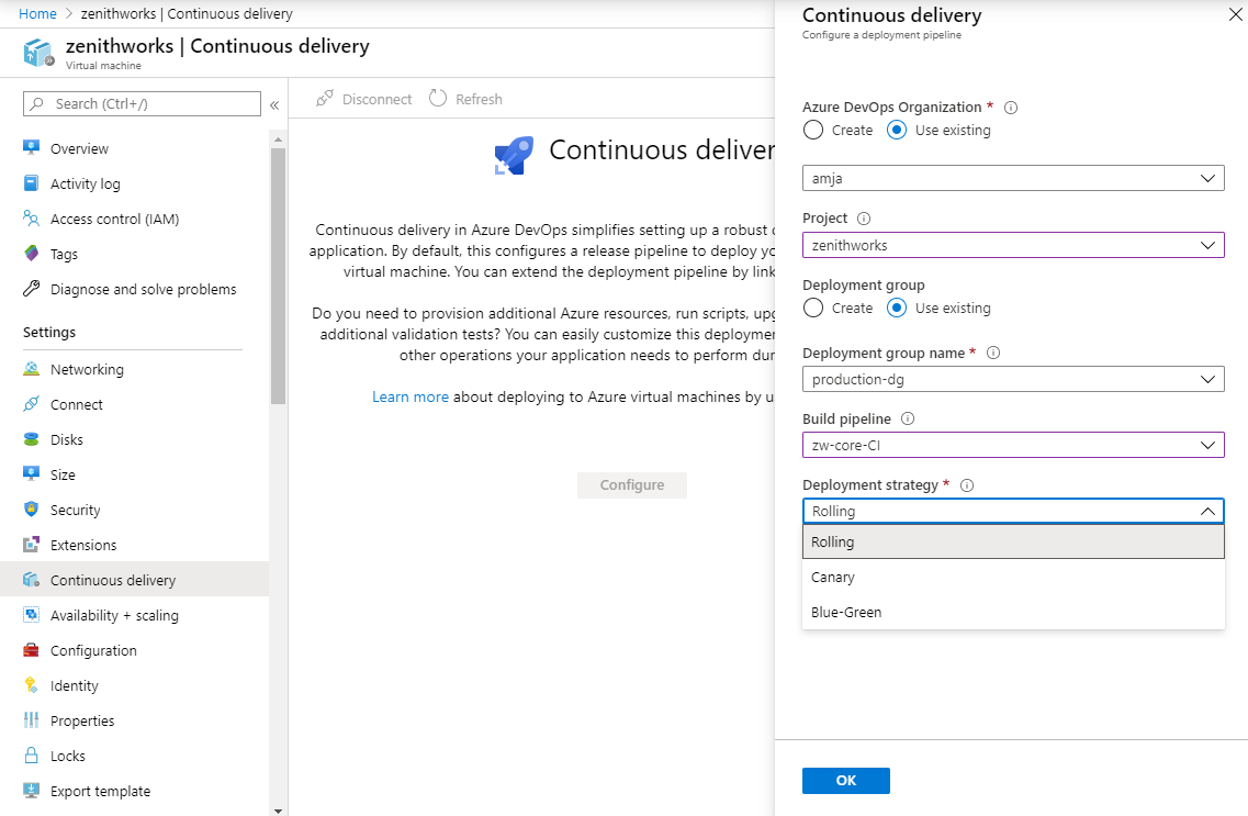 Screenshot che mostra come configurare la strategia di distribuzione canary.