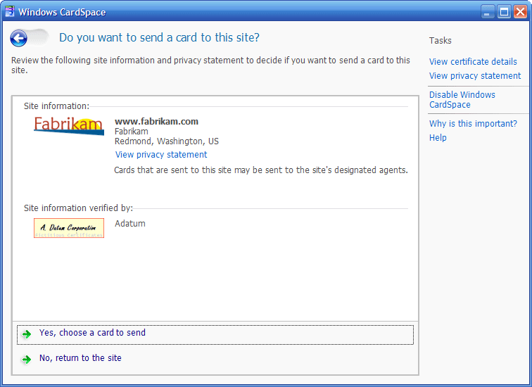Scelta di una scheda di Windows CardSpace