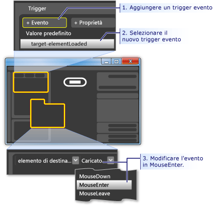 Procedura di creazione di un trigger per l'evento MouseEnter