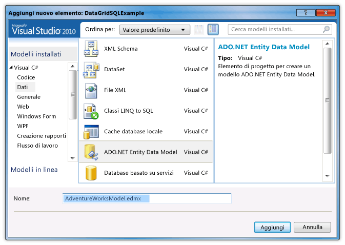 Selezionare ADO.NET Entity Data Model