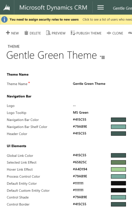 Colori del tema verde delicato