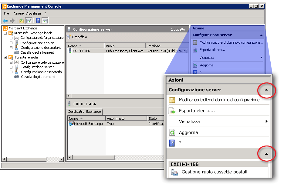 Riquadro Azioni mostrato in Exchange Management Console