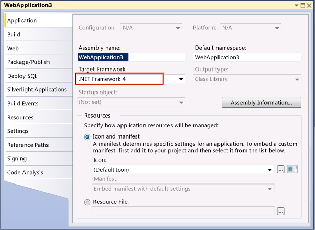 Application tab of project properties dialog box