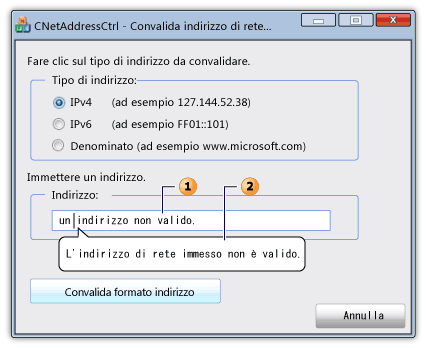Finestra di dialogo con controllo per l'indirizzo di rete e finestra popup