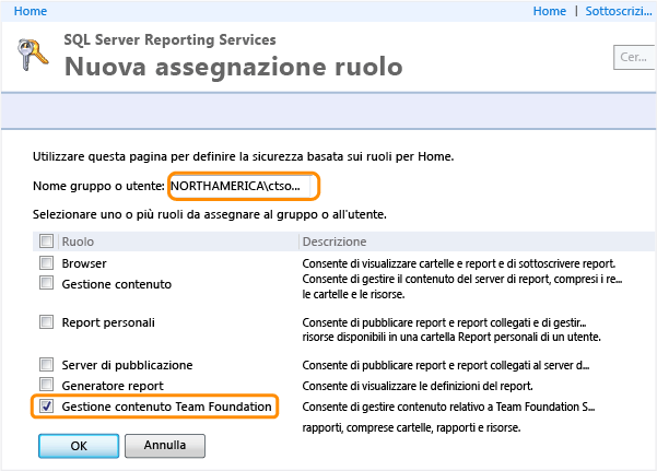 Assegnare l'utente a un ruolo in Gestione report