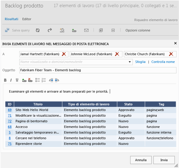 Inviare la query tramite posta elettronica (TWA)